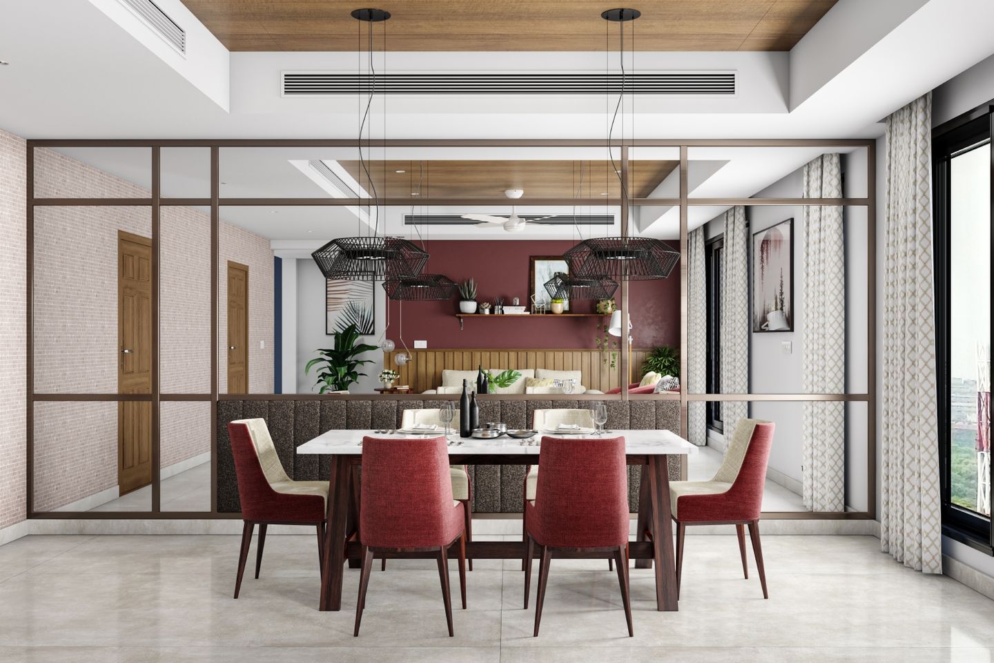 Dining Room Wall Design With Mirrored Accent Wall And Brown Tufted