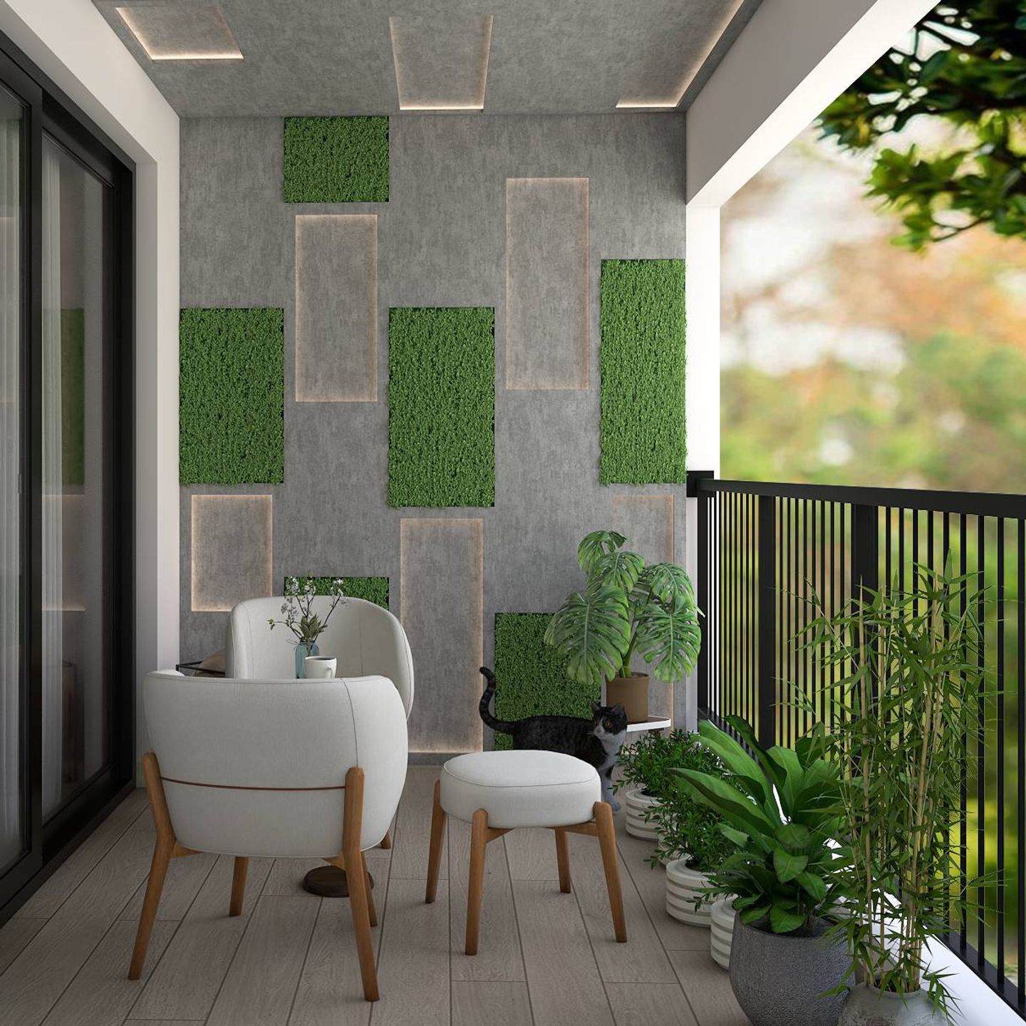 compact-balcony-design-with-grey-textured-wall-and-turf-grass-panelling