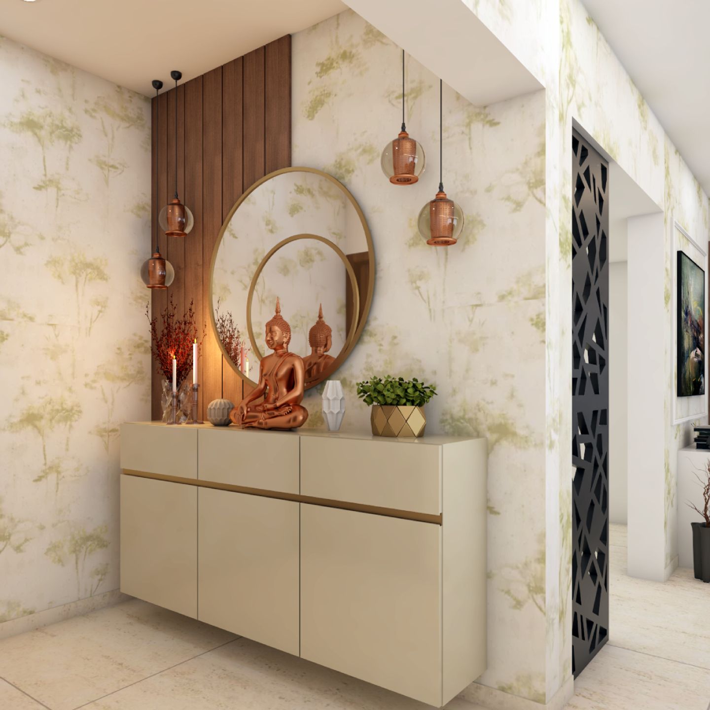 Foyer Design With Wallpaper And Wall Mounted Storage | Livspace