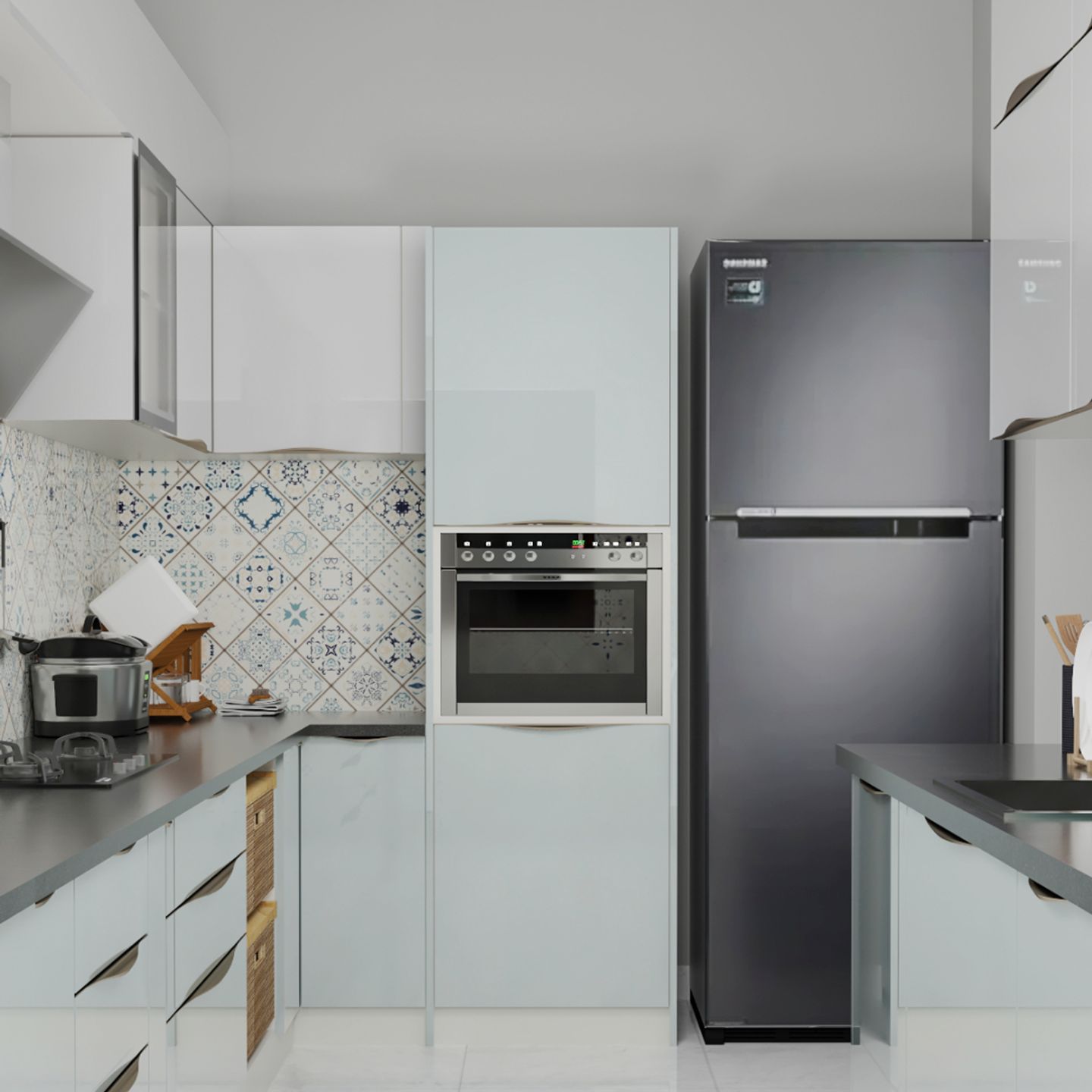 Compact Modular Kitchen Design With 2 Wicker Baskets For Maximum ...