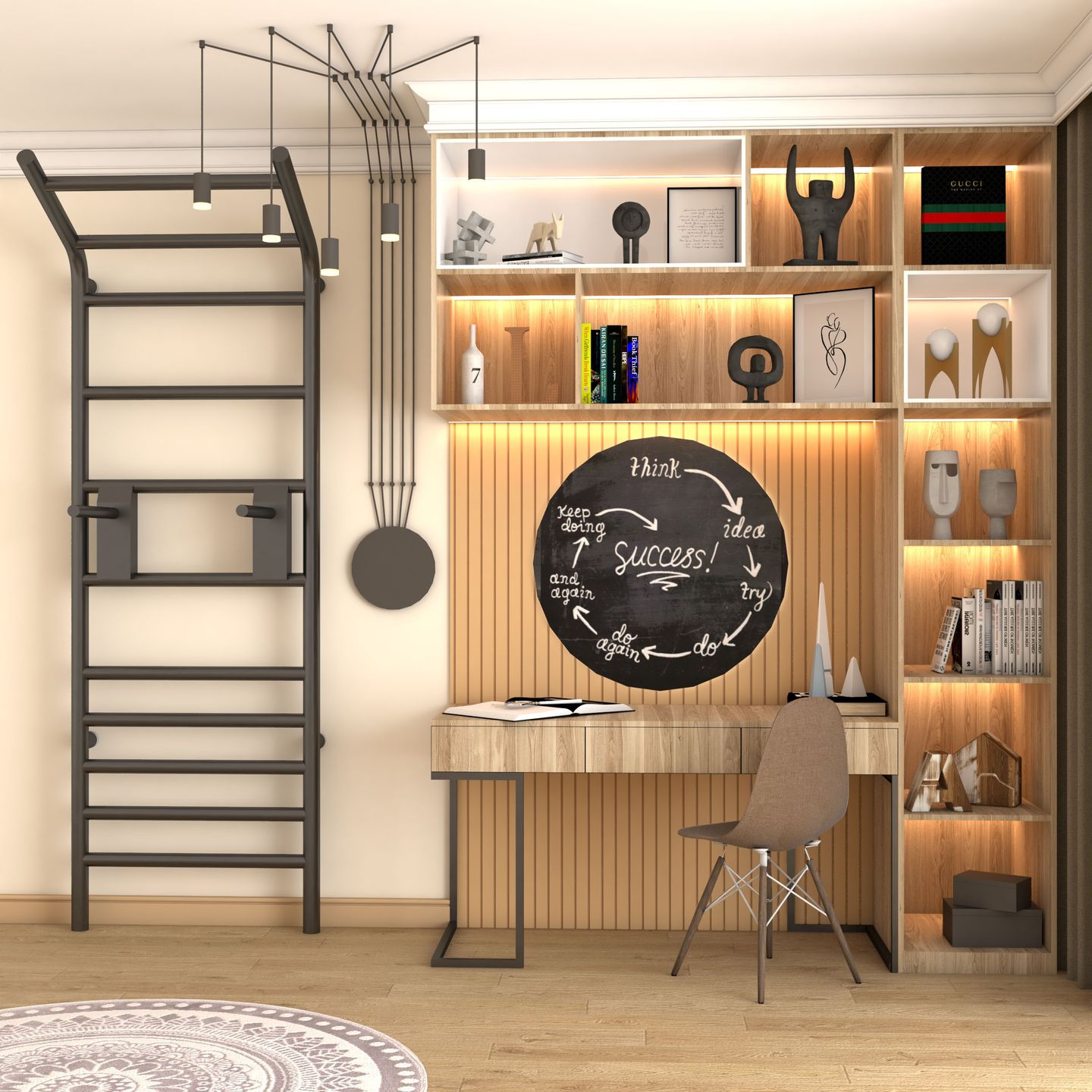 Wooden Study Room Design With Open Shelves And LED Lighting | Livspace