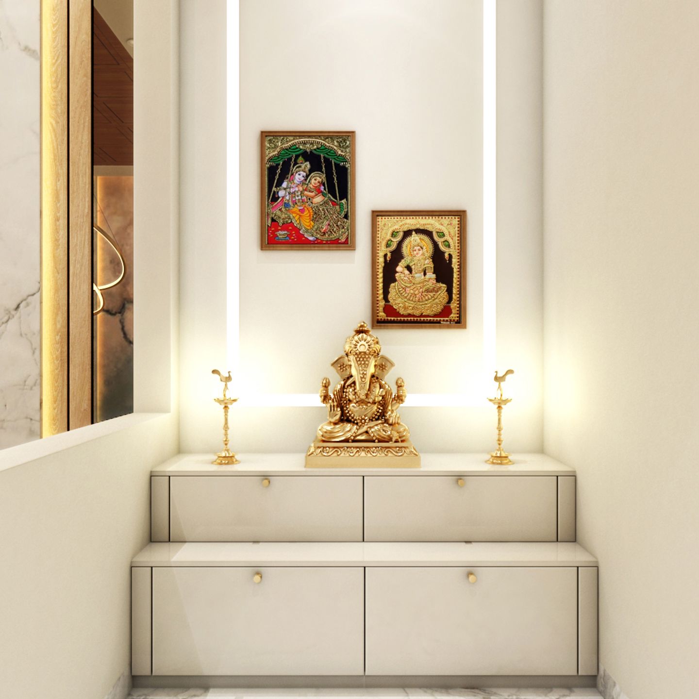 Floor-Mounted 2-Stepped Mandir Design With Blossom Magnolia Laminates ...