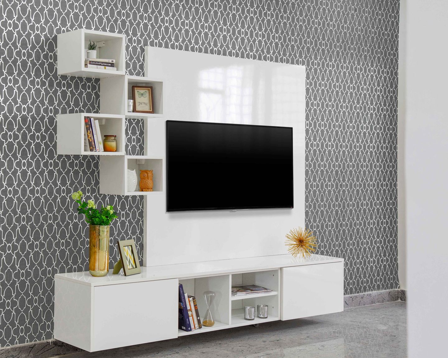 White TV Unit Design With Grey Patterned Wallpaper Livspace