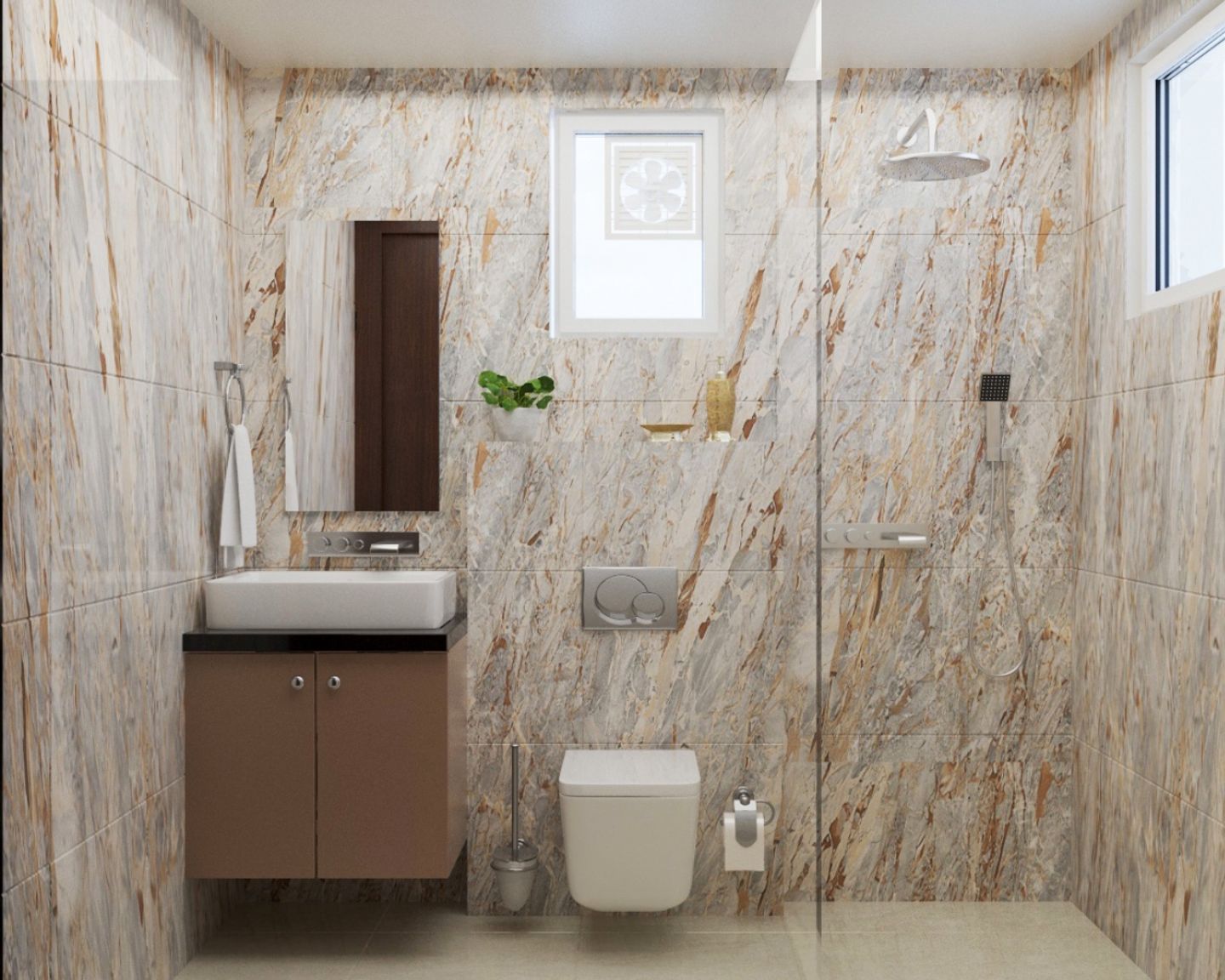Brown And Grey Marble Small Bathroom Design | Livspace