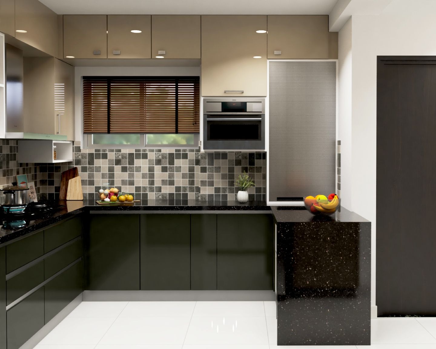 Modular L Shaped Kitchen Design With Multicoloured Mosaic Dado Tiles