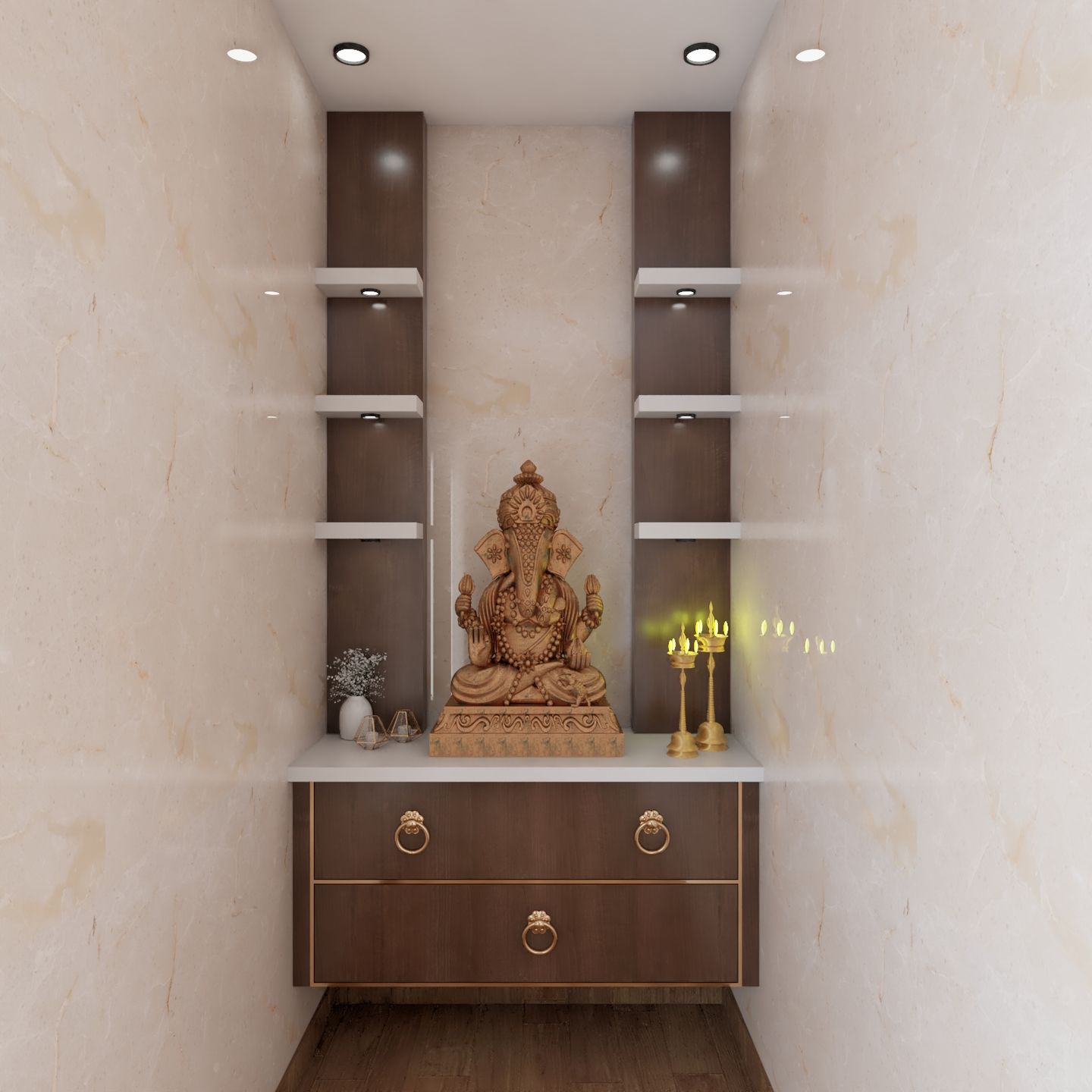 Open Pooja Room Design With Crescent Acacia Cabinets | Livspace