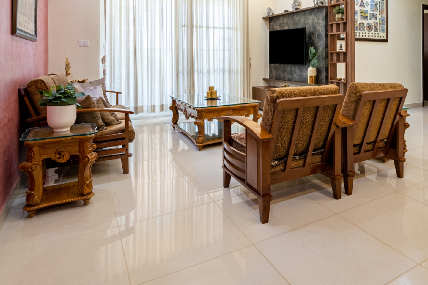 Minimalist Living Room Tile Design With 2’ x 2’ Tiles | Livspace