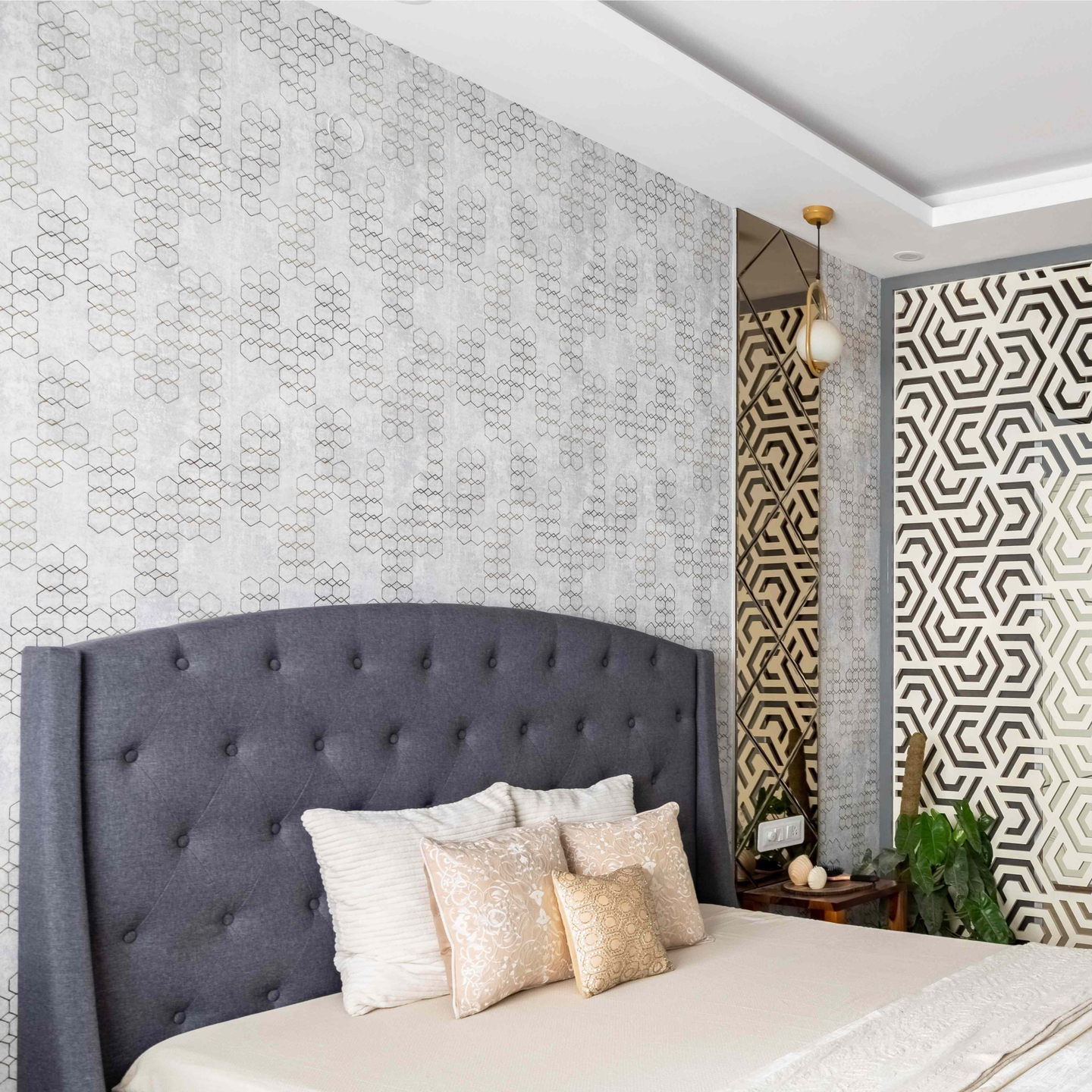Neutral-Toned Abstract Bedroom Wallpaper | Livspace