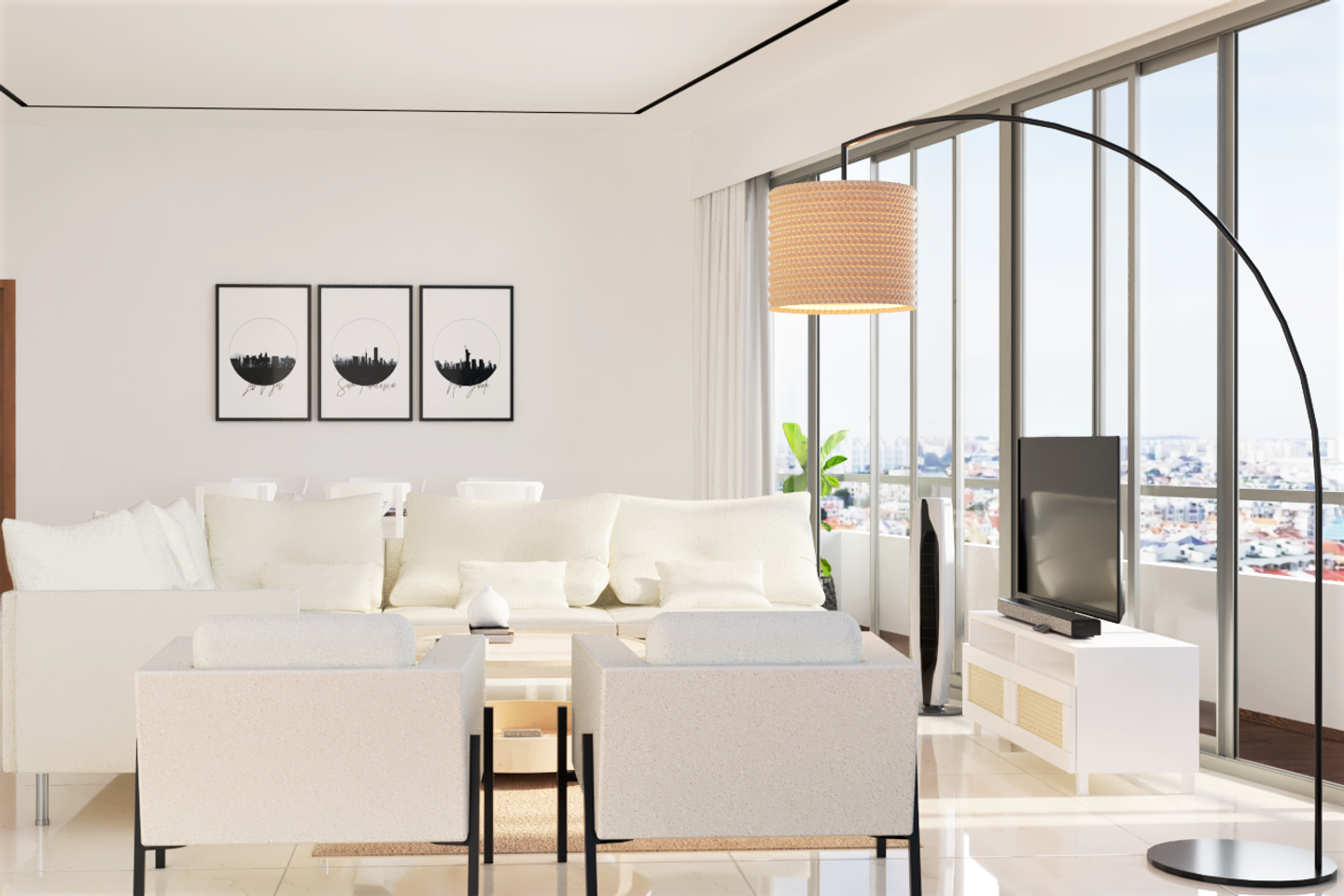 Modern White-Themed Living Room Design With Console Table | Livspace