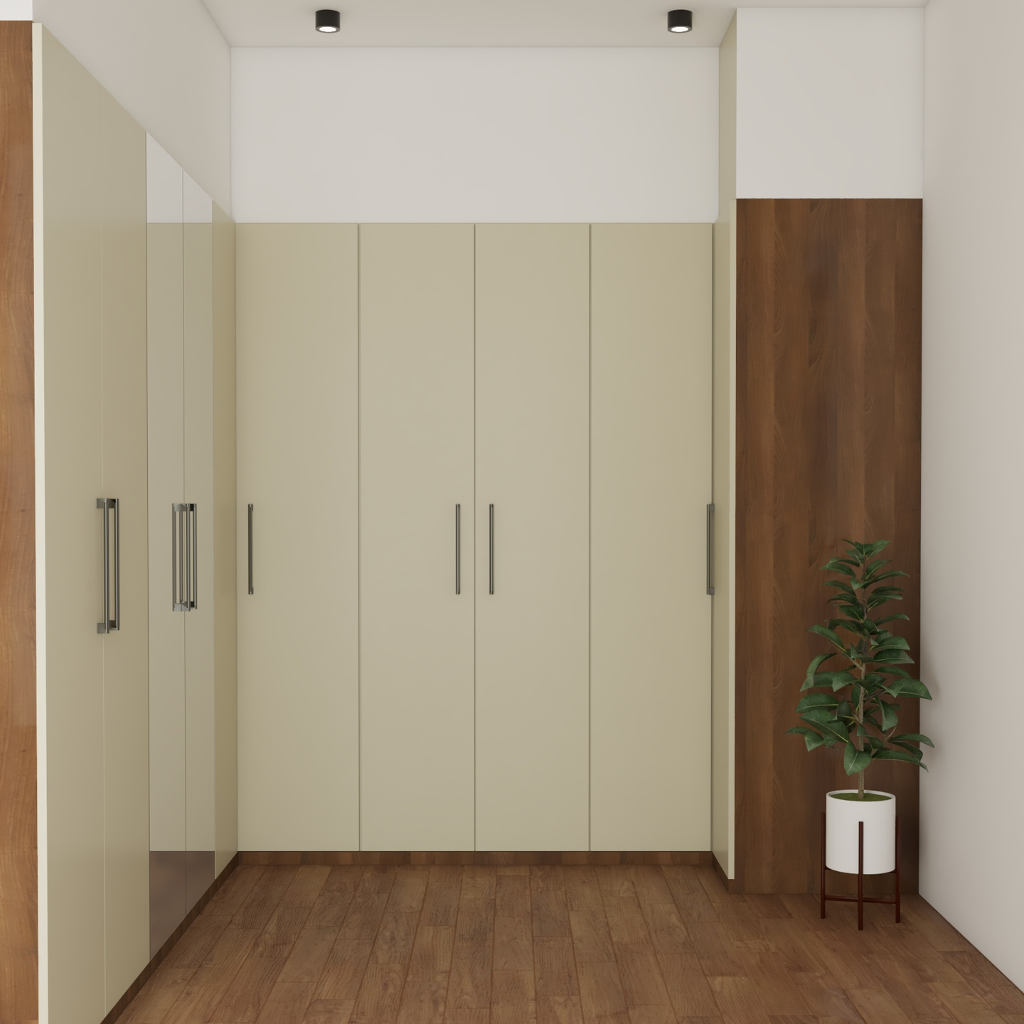 Contemporary Beige Wardrobes With Spacious Storage And Wooden Flooring Livspace 2645