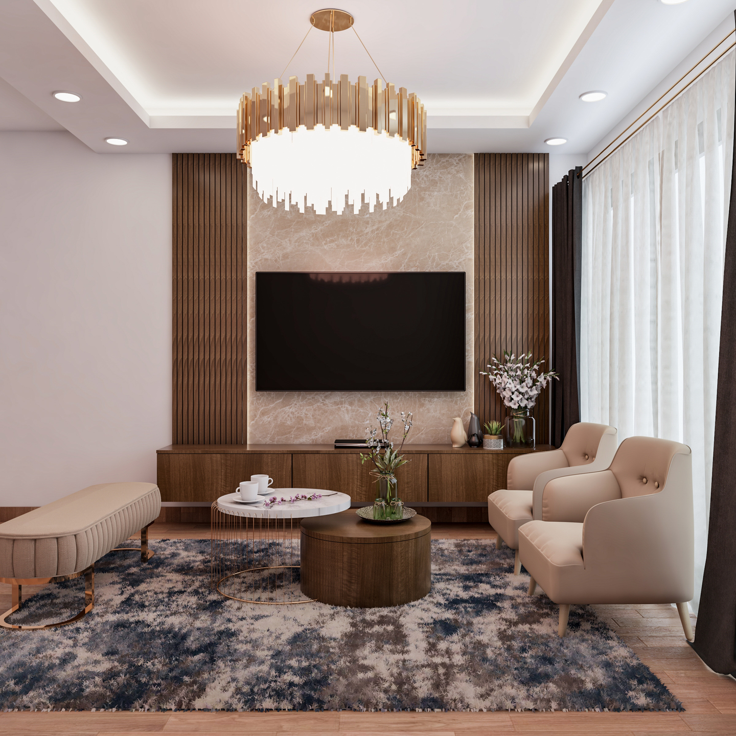 Contemporary Spacious Living Room Design With Chandelier Livspace