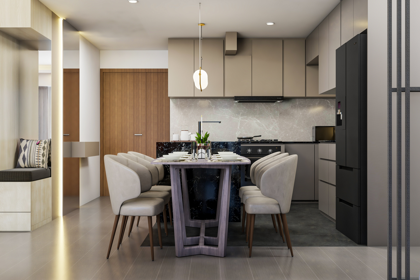 Contemporary Dining Table Setup with Heavy Pendant Lights Livspace