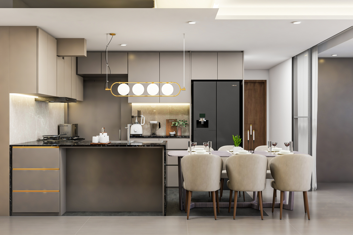 Contemporary Dining Table Setup with Heavy Pendant Lights Livspace