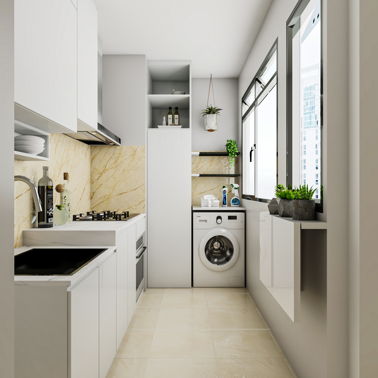 Compact Minimal Kitchen Design with Utility Space and Open Shelving