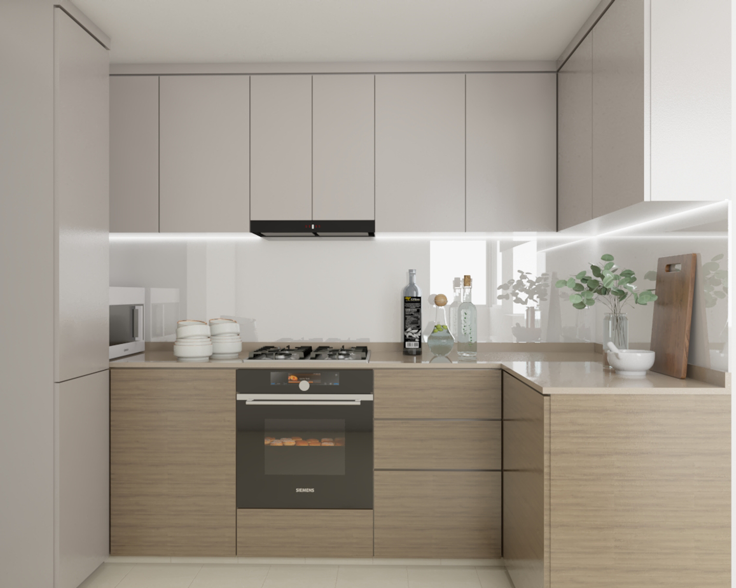 Light Wooden Texture Modern Kitchen Design with In-Built Appliances ...
