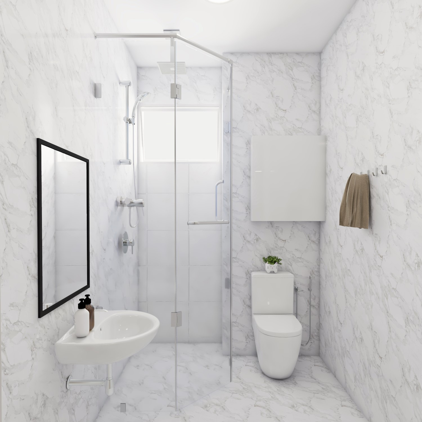 Compact White Bathroom Design With Black Framed Mirror | Livspace