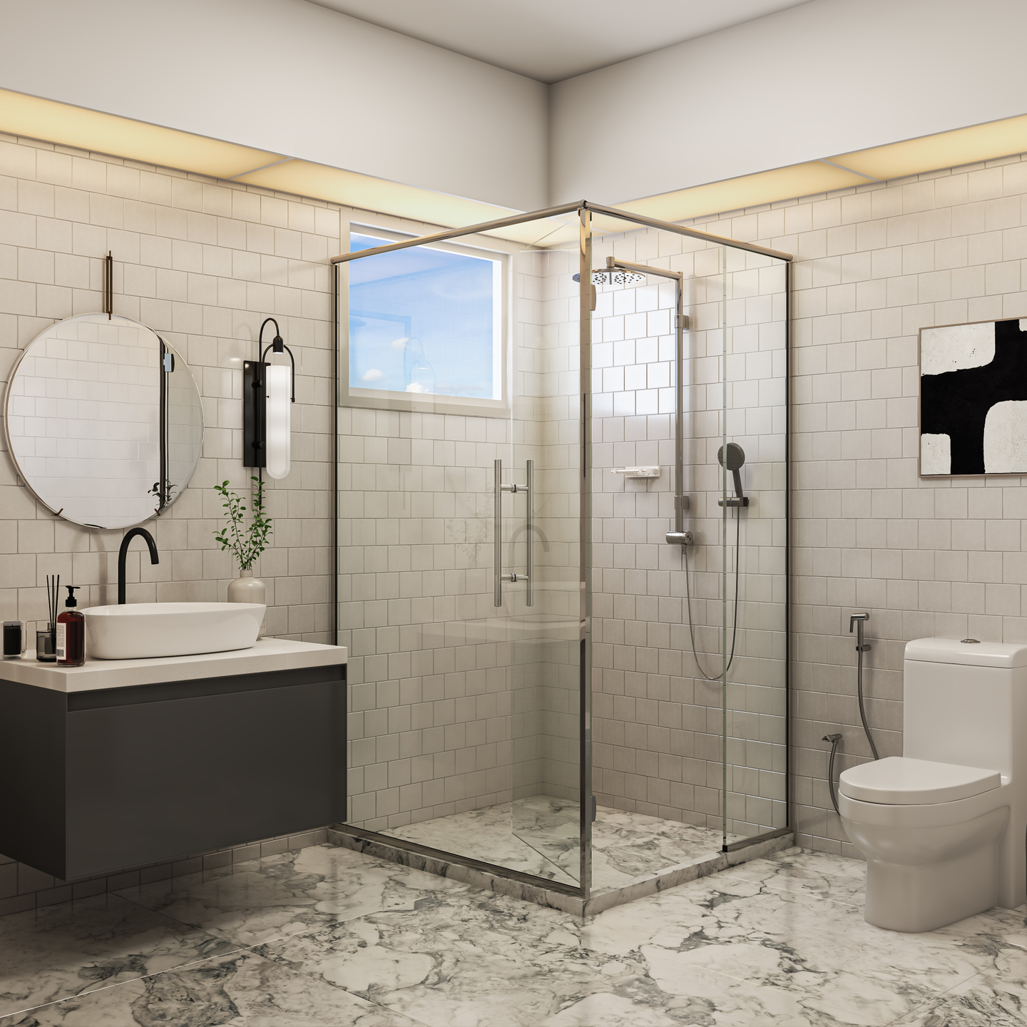 Modern Compact Toilet Design With Round Mirror Livspace