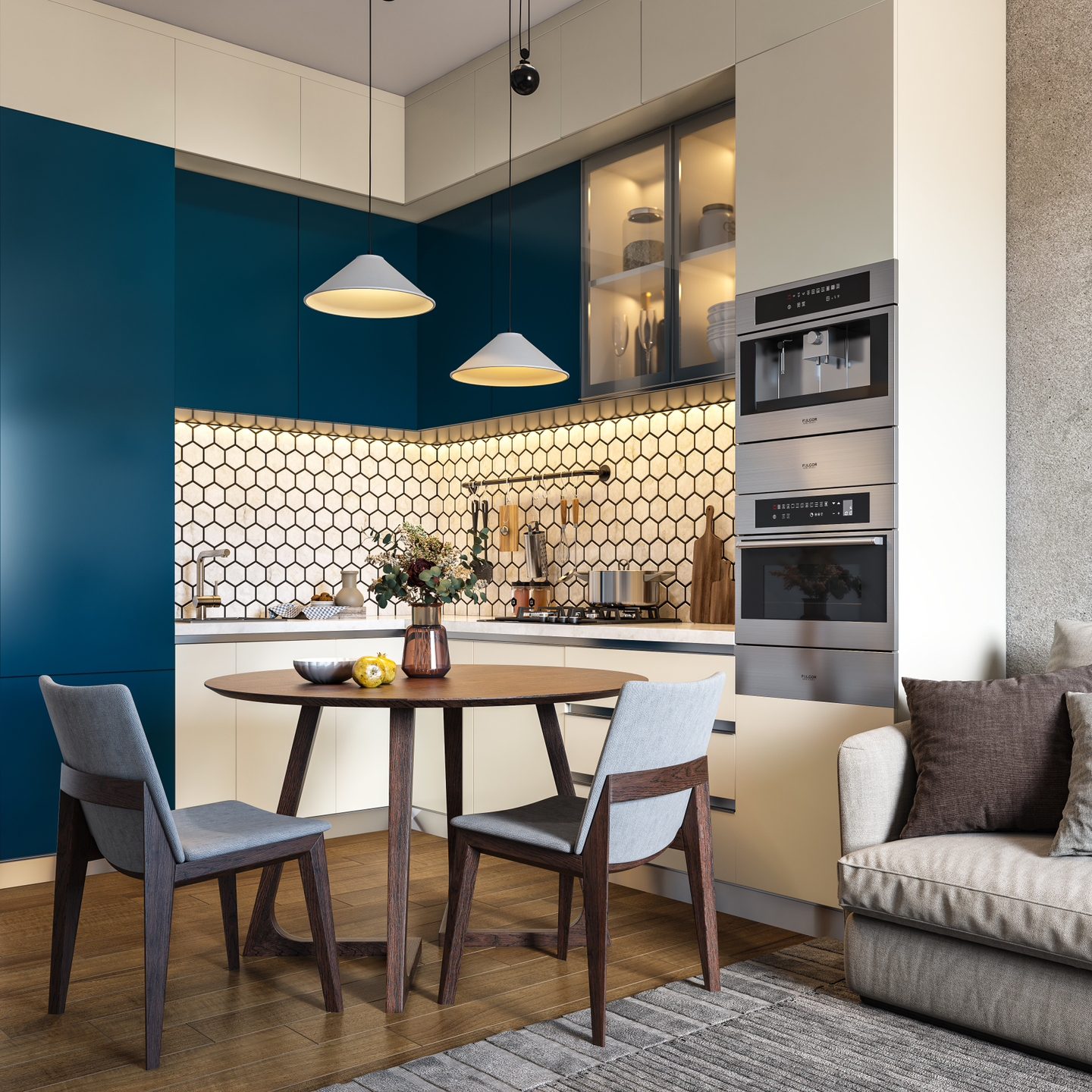 Compact Blue and White Kitchen Design with Dining Table Livspace