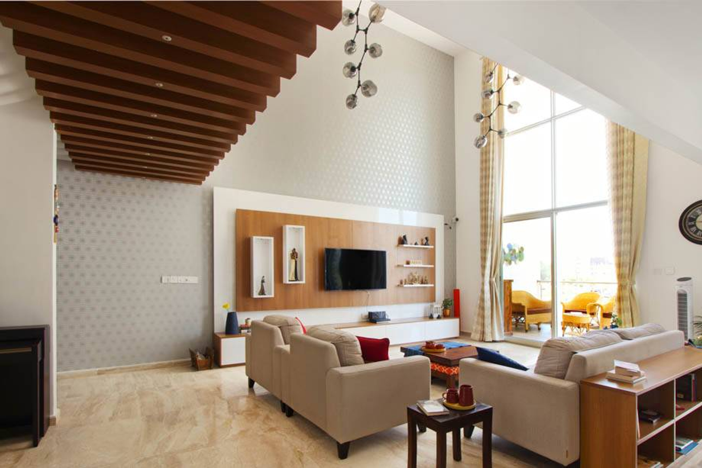 Wooden Rafters With Classic False Ceiling Design Livspace