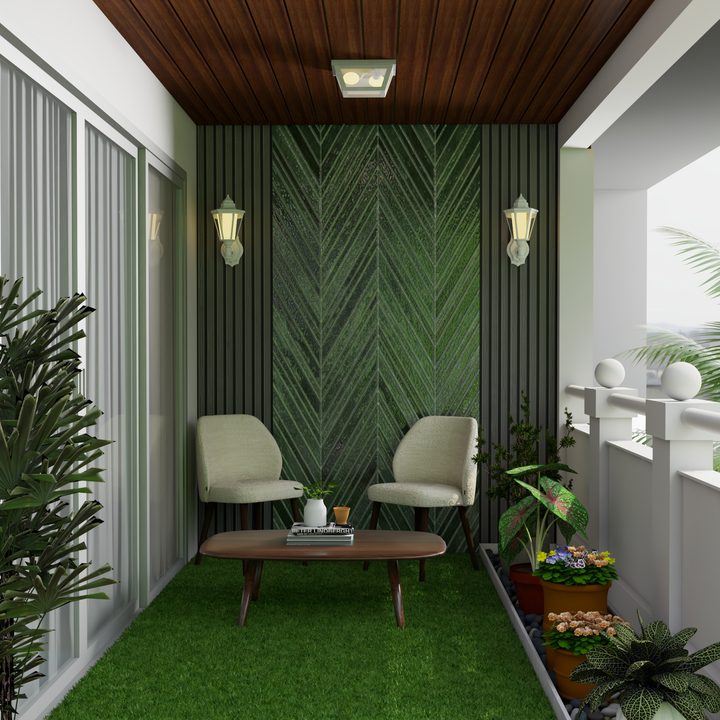 Contemporary Balcony Design With Green Grass Carpet And Matching Wall ...