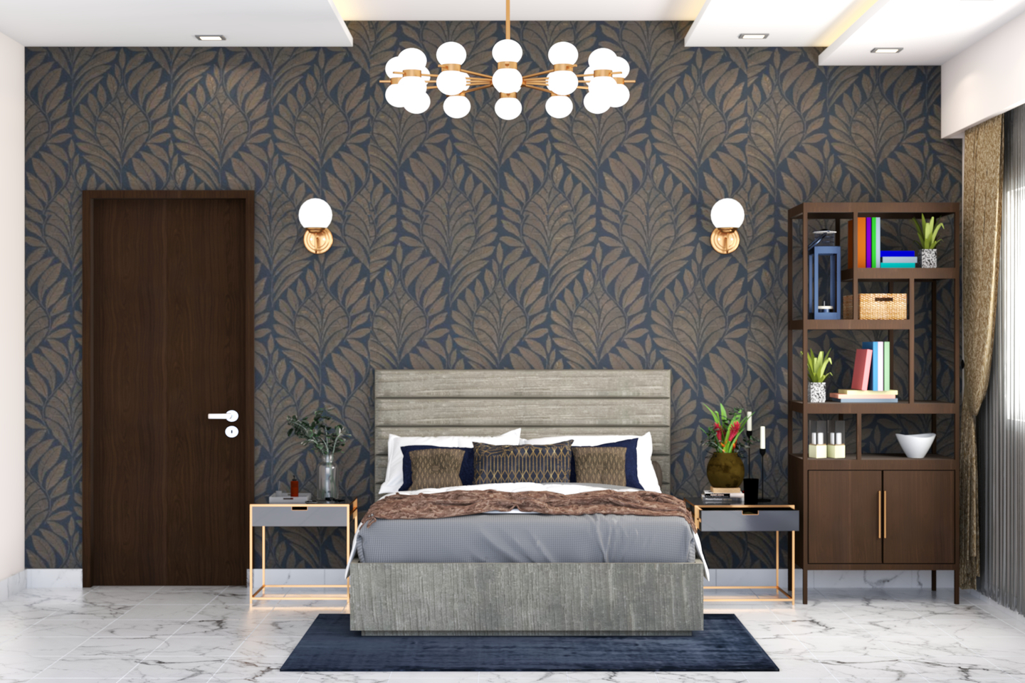 Contemporary Master Bedroom Design With Textured Wallpaper Livspace