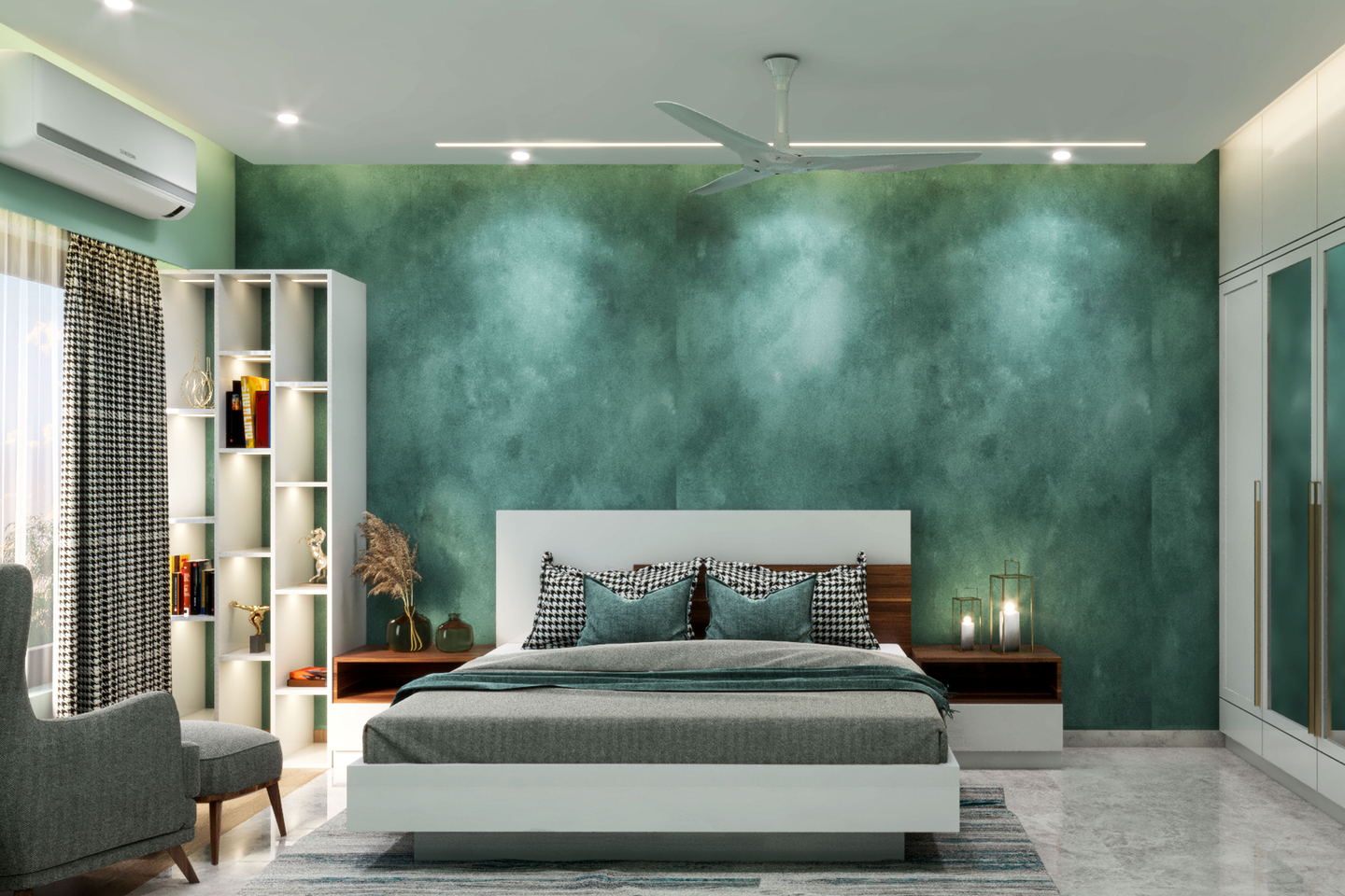 Green Spacious Modern Master Bedroom Design Livspace
