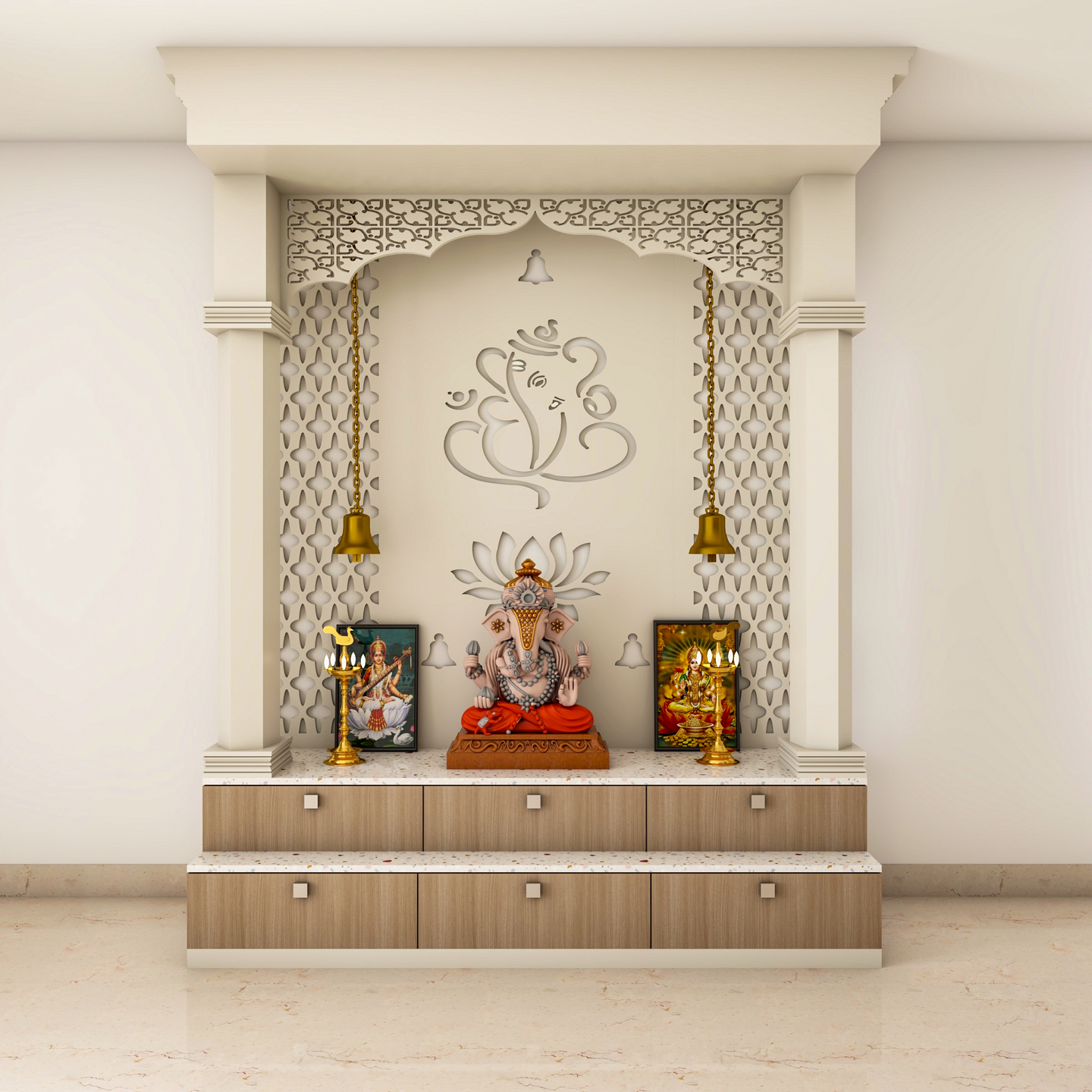 Traditional Pooja Room Design With Creamy White Mandir And Jaali