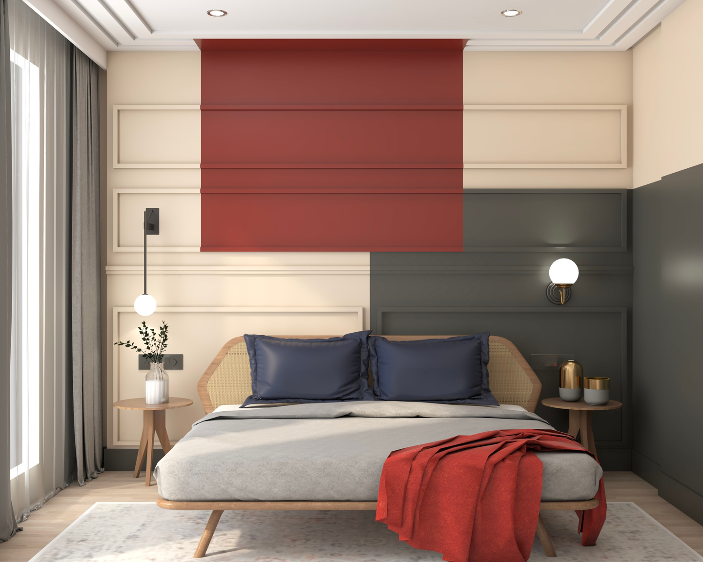 Beige, Grey, And Red Bedroom Wall Design With Trims Livspace