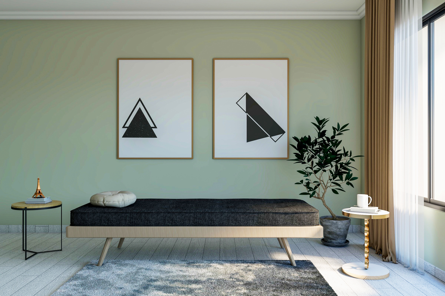 Minimalistic Living Room With Dark Tufted Bench And Golden Finish Side