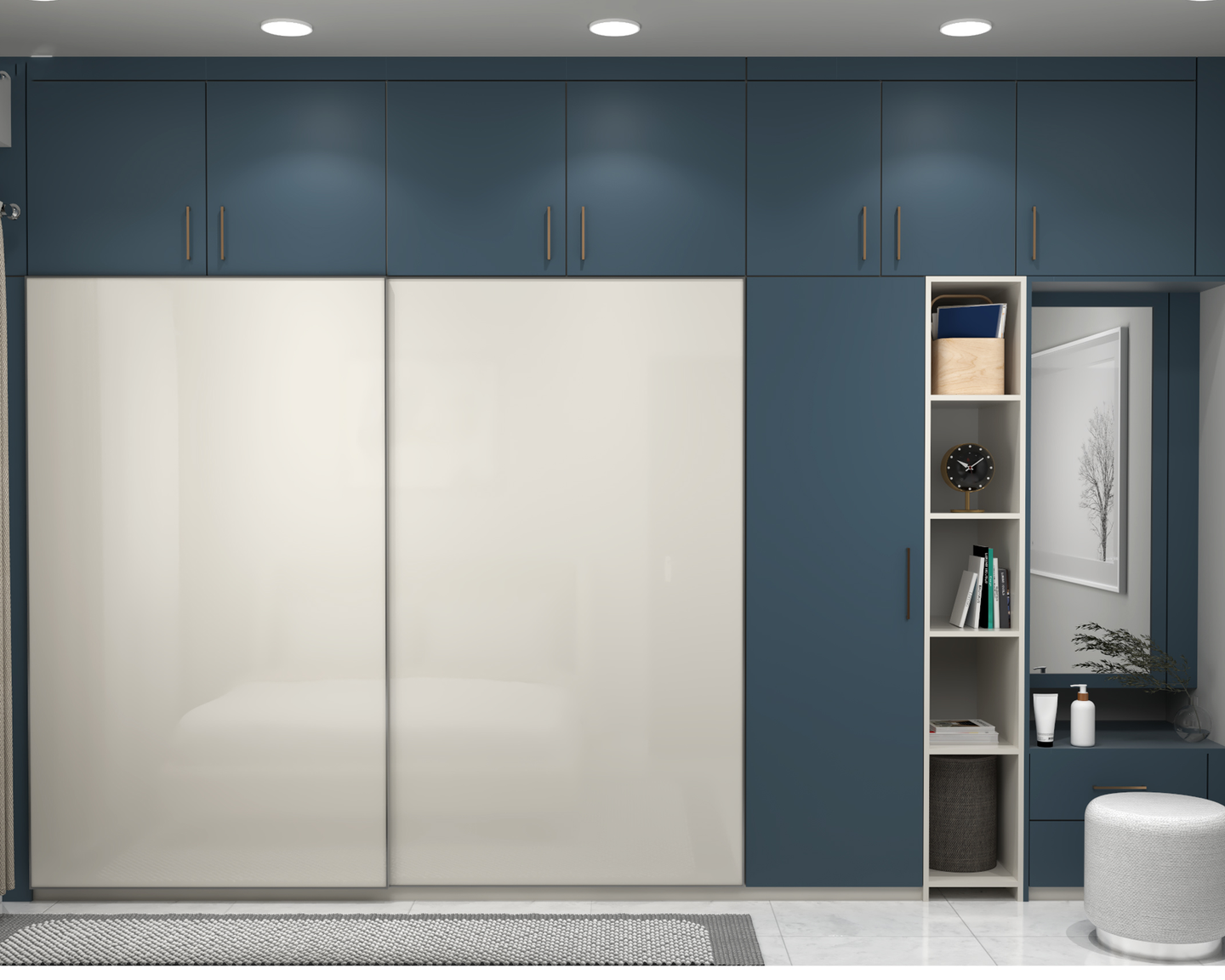 Blue And White Sliding Door Wardrobe Design With Loft Livspace