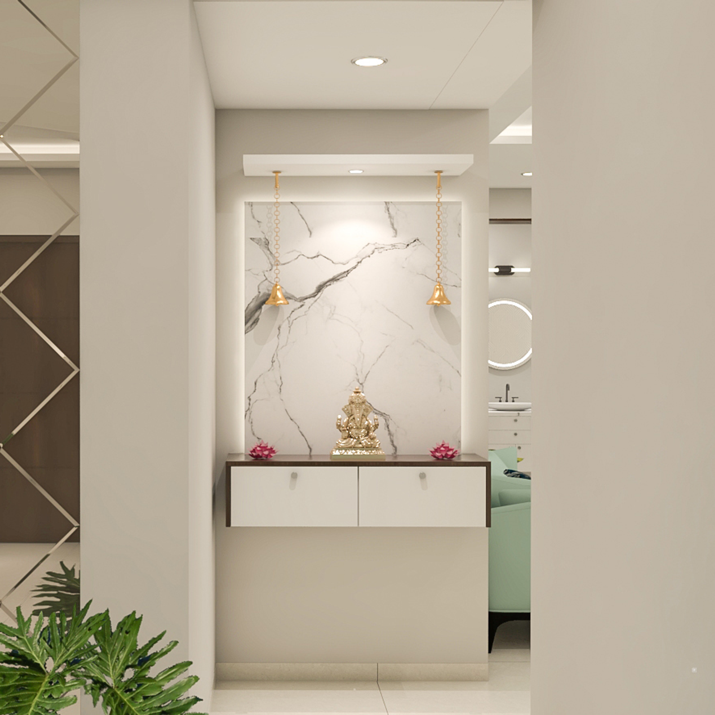 Contemporary Compact Pooja Room Design with Ambient Lighting Livspace