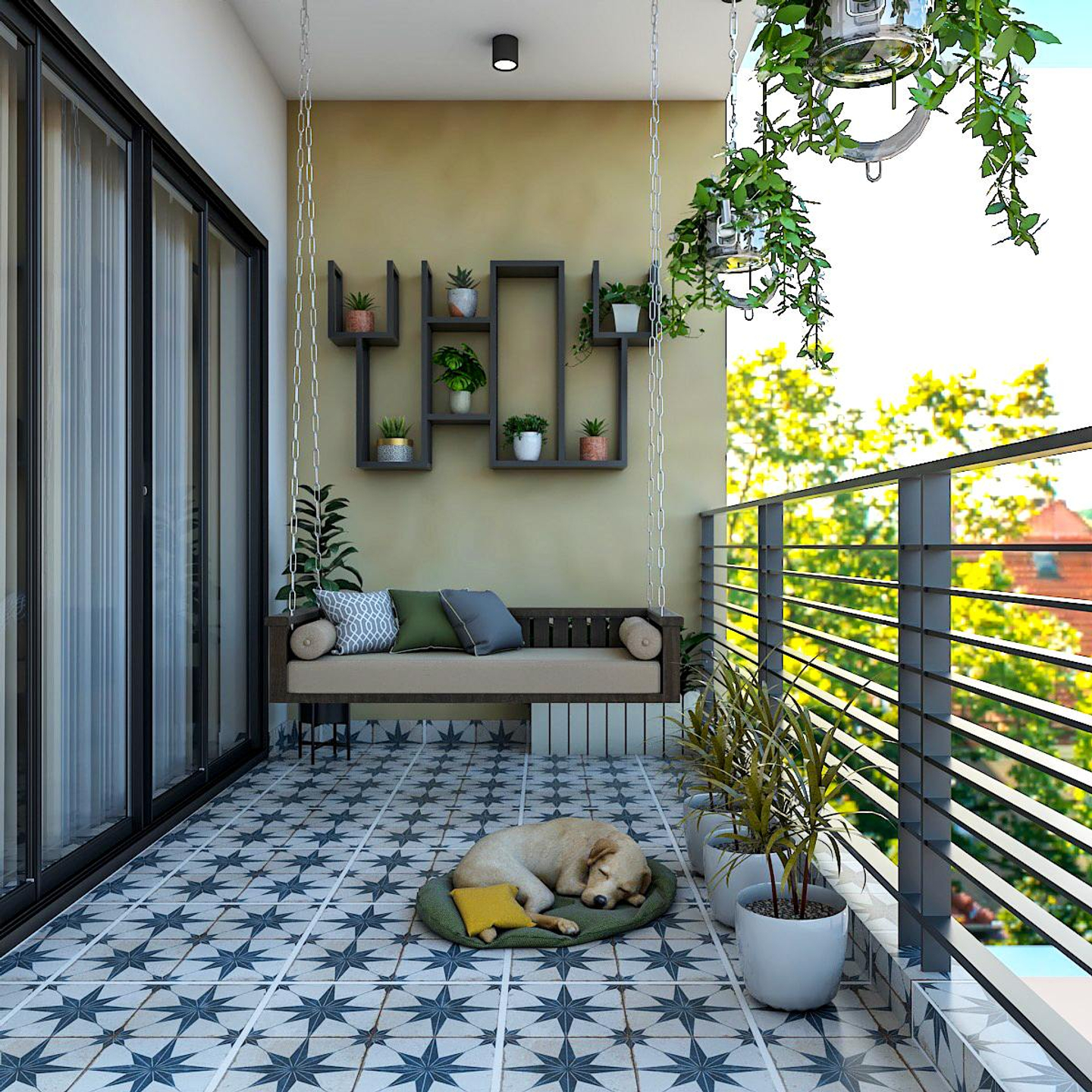 Modern Spacious Balcony Design With Planters Livspace
