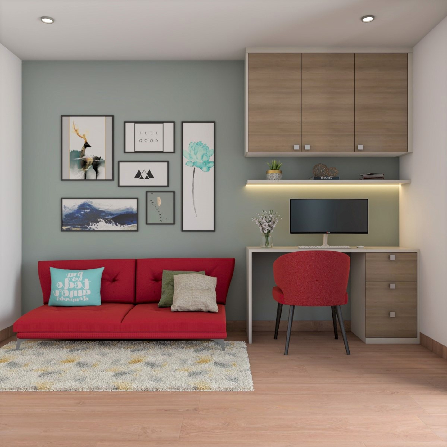 Home Office Design with Bright Red Seater and Wooden Workdesk Unit