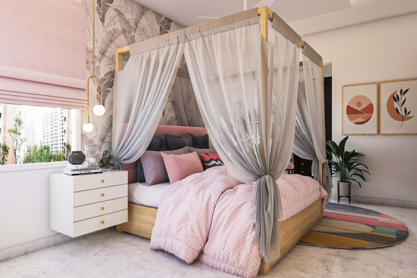 pastel-pink-and-grey-kid-s-bedroom-design-with-canopy-bed-and