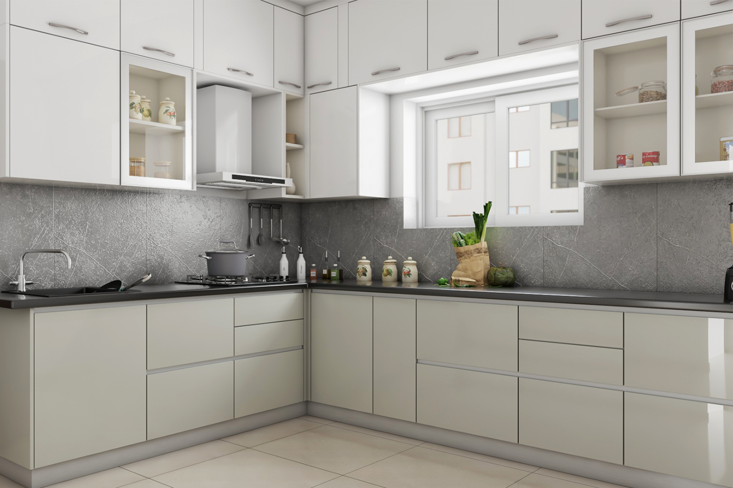 White Kitchen Design With Grey Dado Tiles Livspace