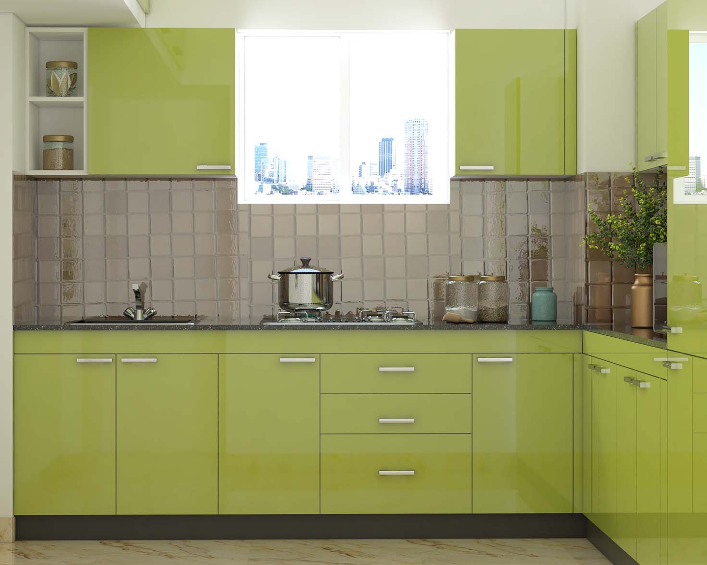 Modern Green Toned LShaped Kitchen Ideas Livspace