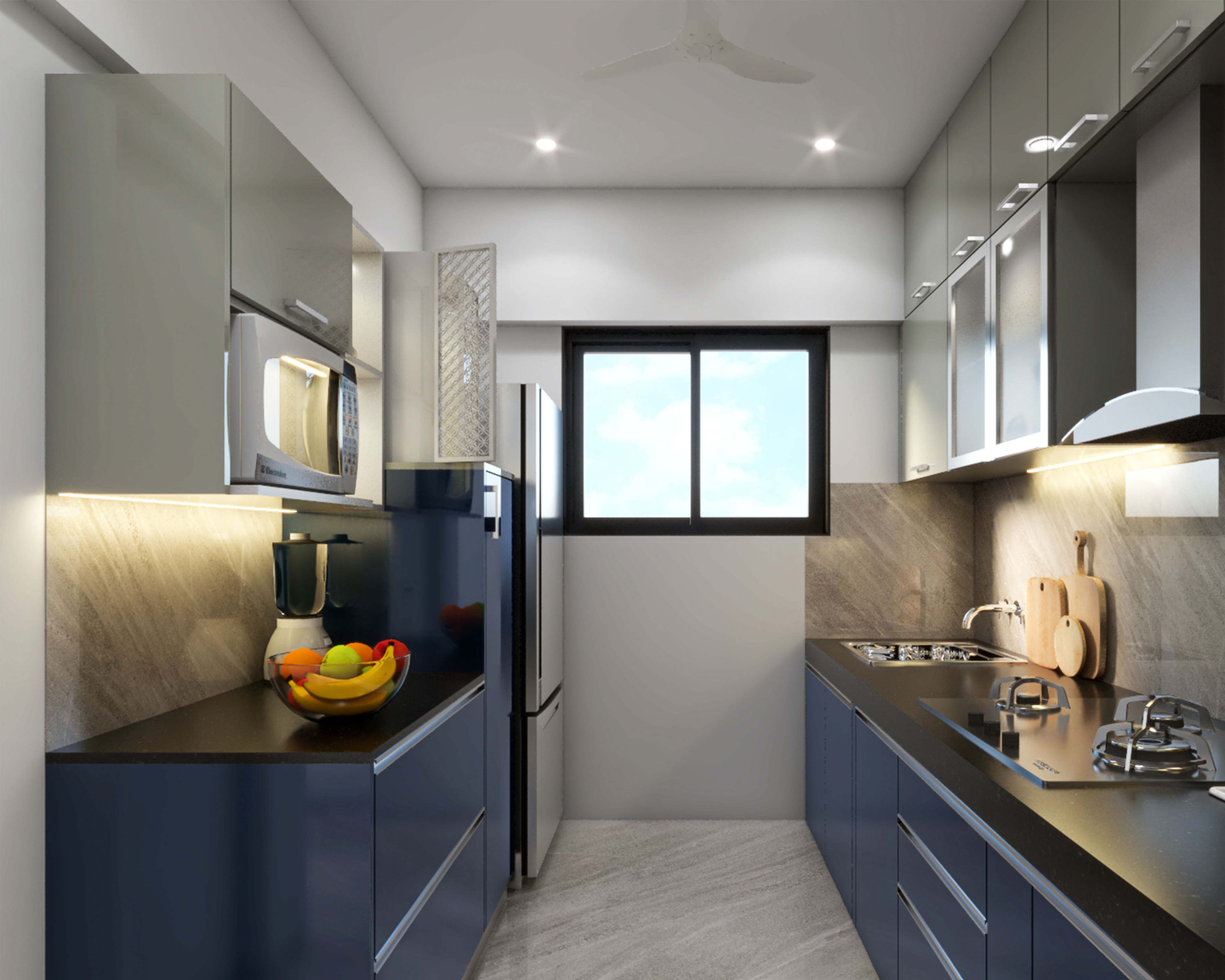 Contemporary Style Kitchen With Blue And Grey Livspace