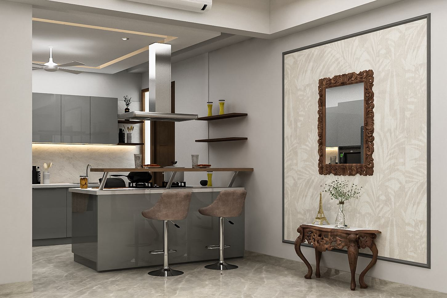 Spacious Kitchen Design With Grey Acrylic And Kitchen Island