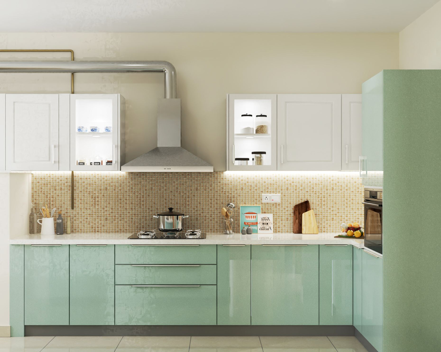 Glossy Pastel Green L-Shaped Spacious India Kitchen Design | Livspace