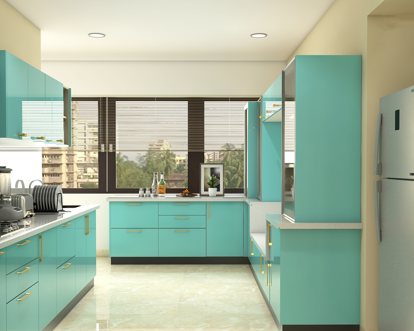 Contemporary Kitchen Design with Aqua-Blue Coloured Cabinets and White ...