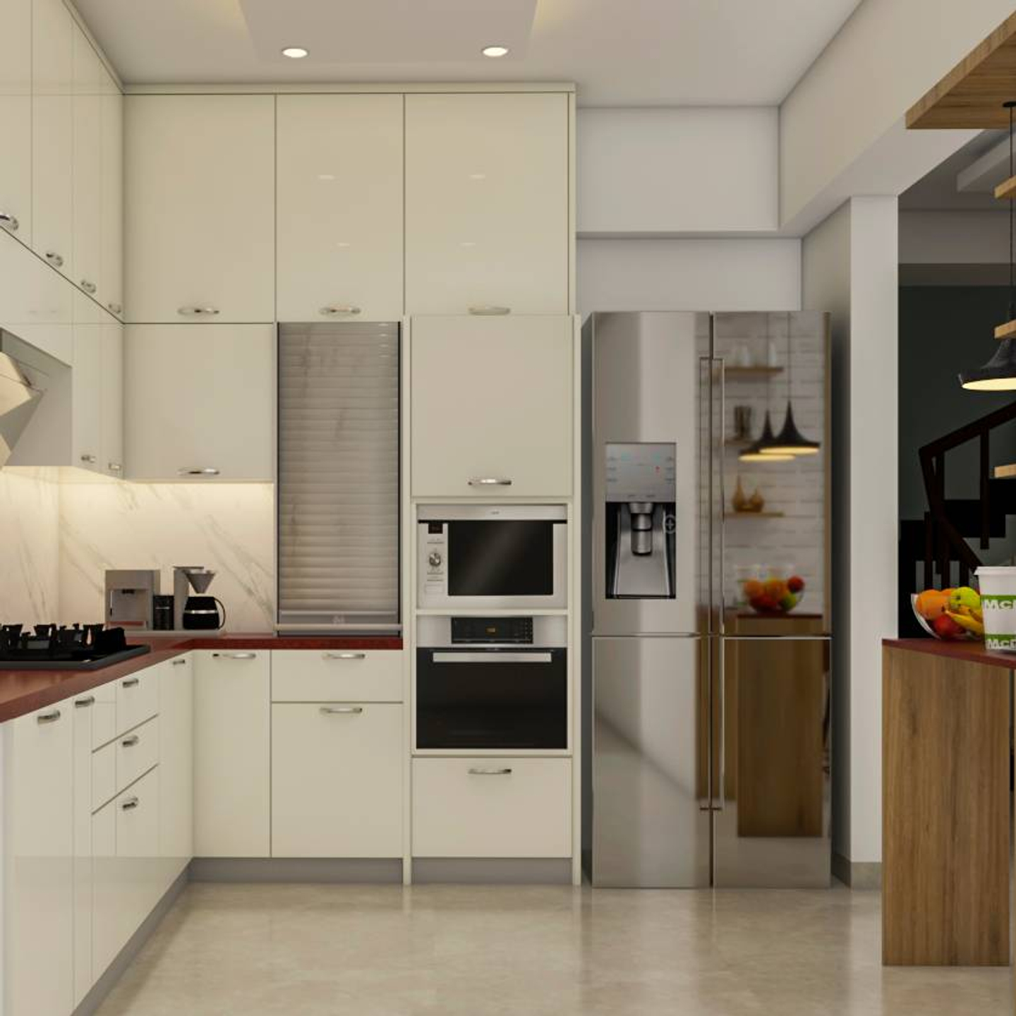 Modern White Themed Kitchen With Maroon Countertop | Livspace