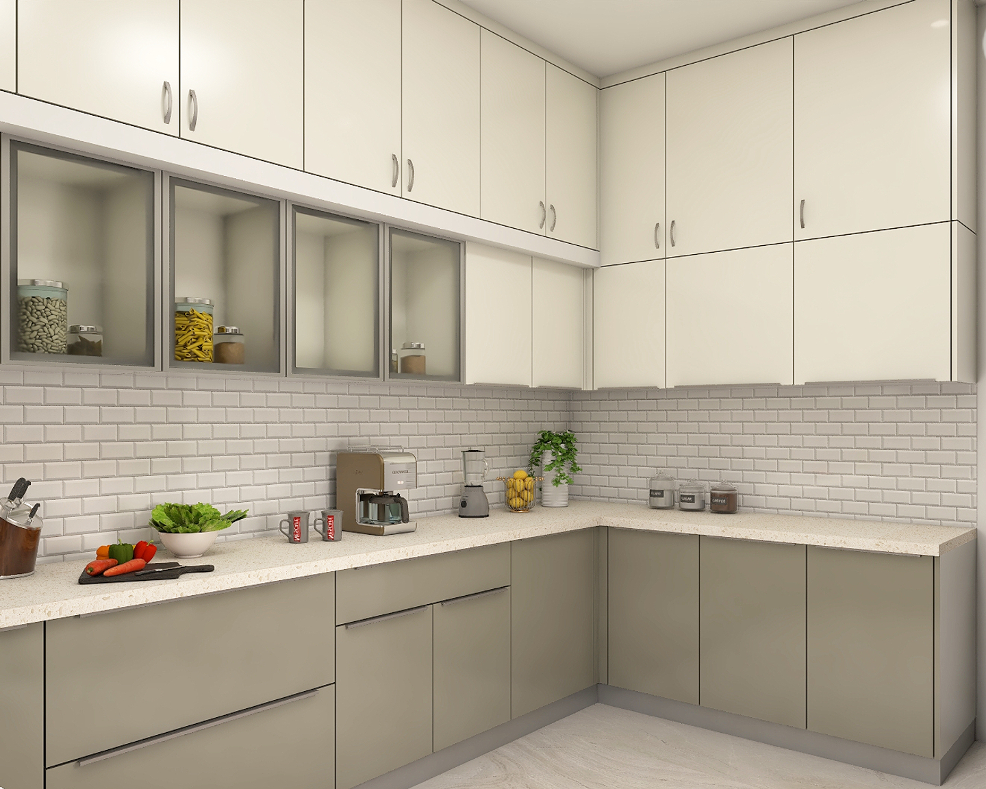 Beige And Green Modern Spacious Kitchen Design Idea | Livspace