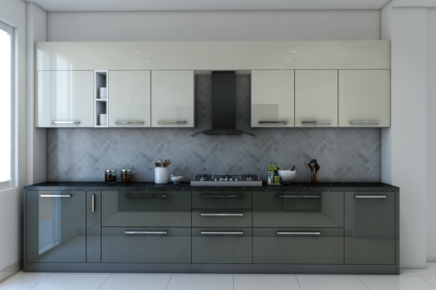 Modern Spacious Kitchen With Monochromatic Laminates | Livspace