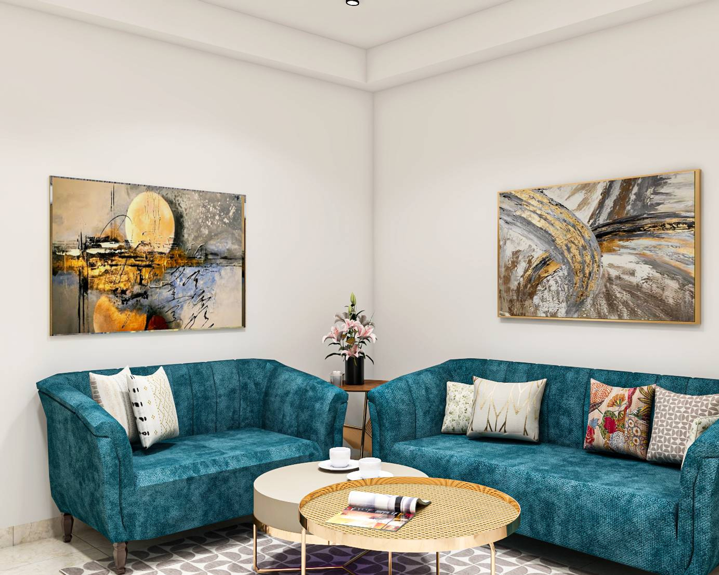 Compact Living Room Design With Turquoise Sofas Livspace   1 1 1665040766 LTBkN 