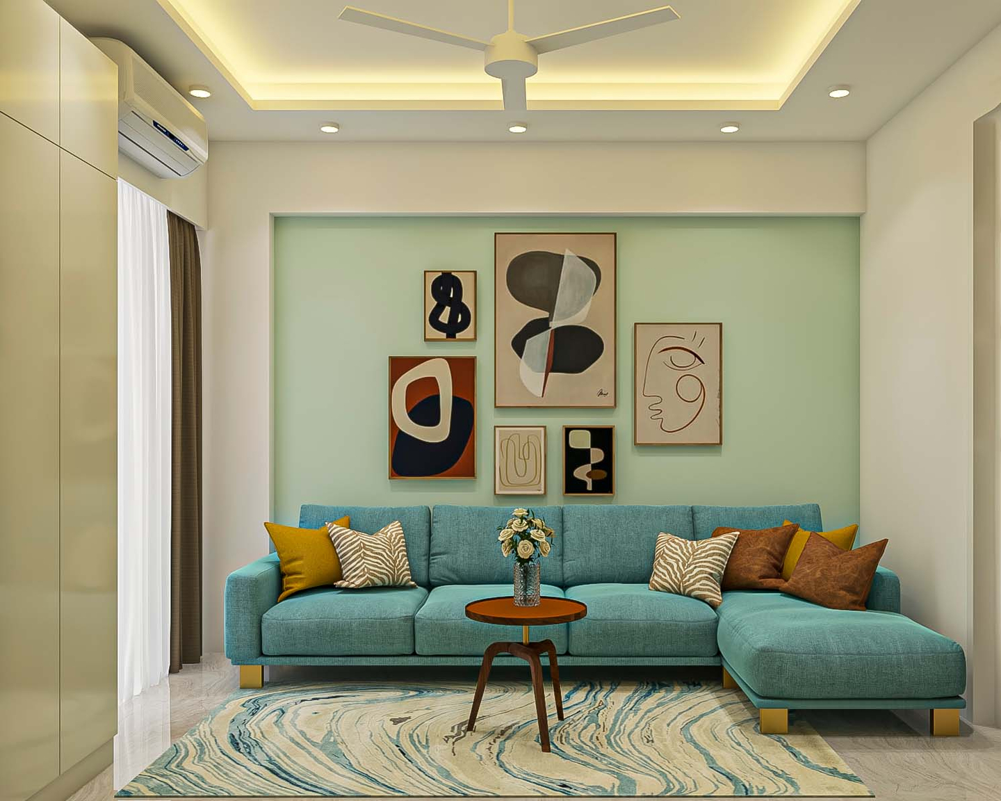 spacious-living-room-design-with-blue-upholstered-sofa-and-green