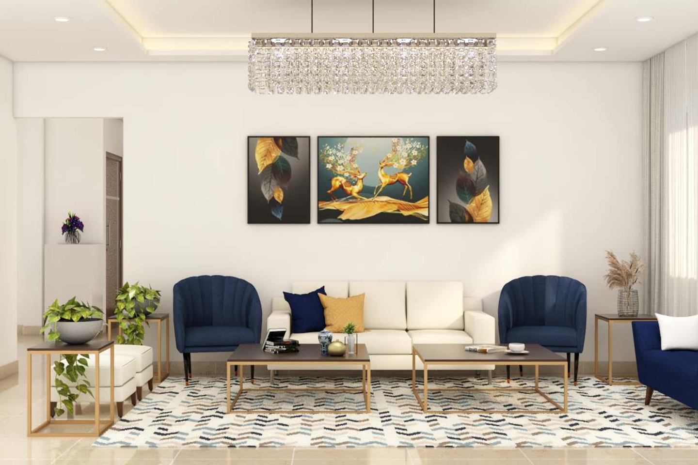 Contemporary Living Room with Blue and Beige Seaters and Glass Chandelier Livspace