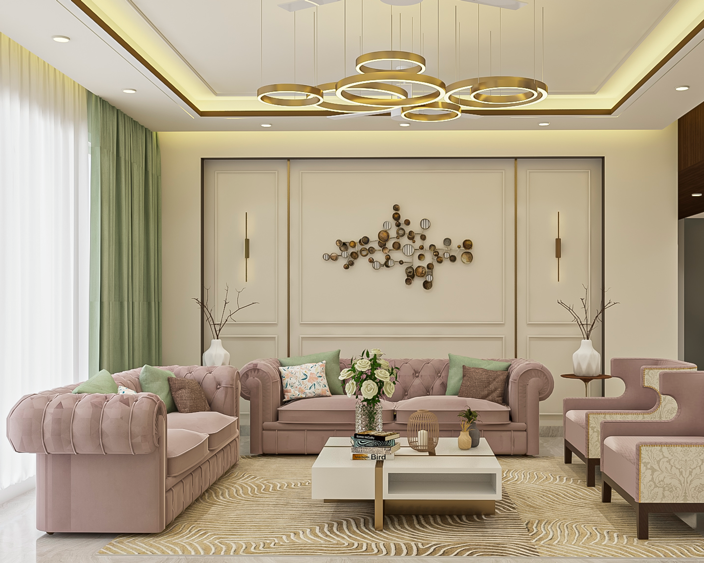 Spacious Living Room Design With Blush Pink Sofa Set | Livspace