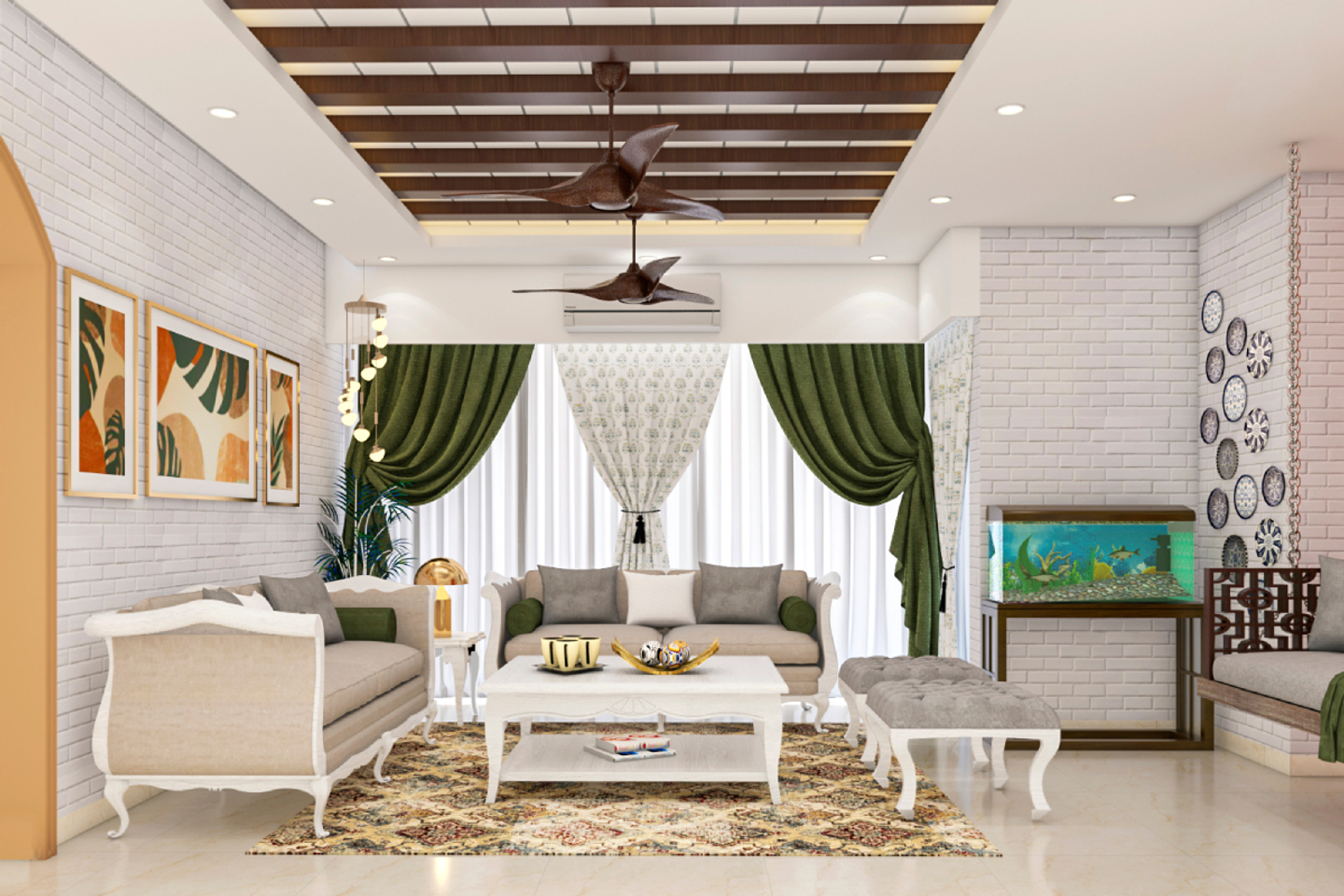 Indian Tradition Living Room Design With Green Curtains | Livspace