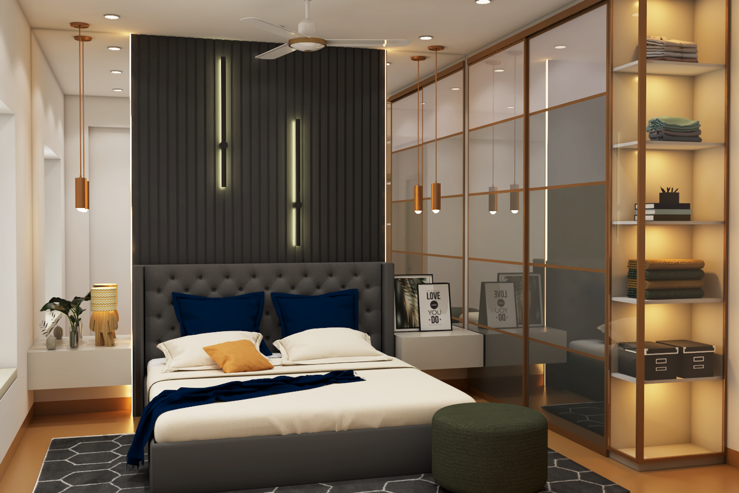 Compact Master Bedroom Design With Mirrored Wardrobe Livspace
