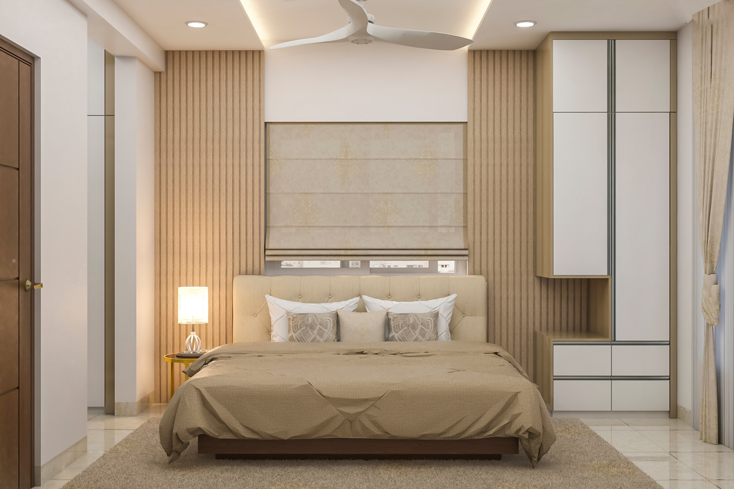 Brown Modern Spacious Master Bedroom Design With Fluted Wall Panels 